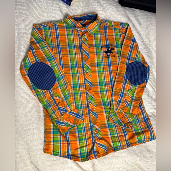 Beverly Hills Polo Club Orange Blue plaid Button Down Shirt elbow patches - Picture 1 of 9